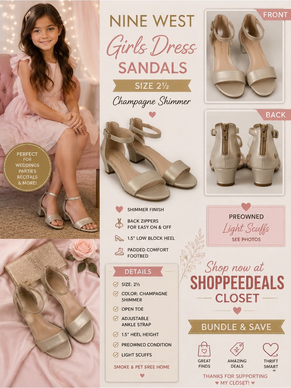 Nine West Girls Dress Sandals – Champagne Shimmer – Size 2½